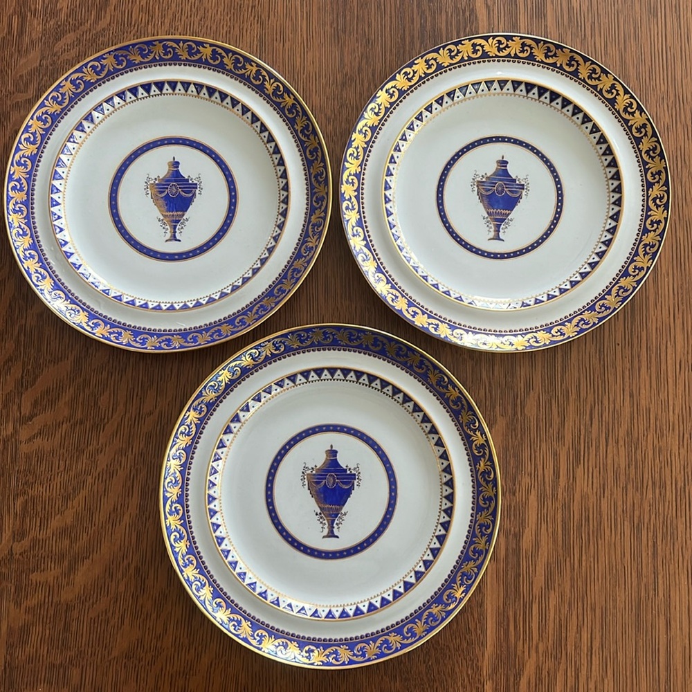 3 Antique Mintons Davis Collamore & Co Porcelain 9 1/2” Dishes Cobalt Blue Gold